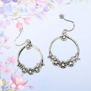 Silver Flower Hoop Earrings Floral Dangle